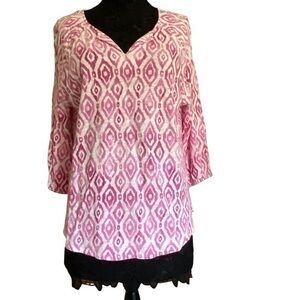 Chico’s pink white cotton geometric abstract print long sleeve tee shirt Large